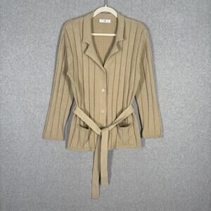 New Look Cardigan Sweater Large Tan Pockets Ribbed Neutral Quiet Luxury Academia